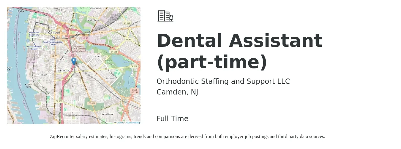 Orthodontic Staffing and Support LLC job posting for a Dental Assistant (part-time) in Camden, NJ with a salary of $18 to $24 Hourly with a map of Camden location.