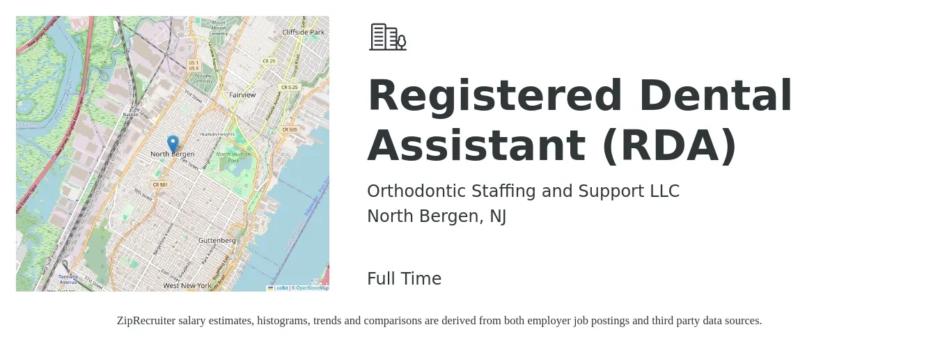 Orthodontic Staffing and Support LLC job posting for a Registered Dental Assistant (RDA) in North Bergen, NJ with a salary of $20 to $29 Hourly with a map of North Bergen location.