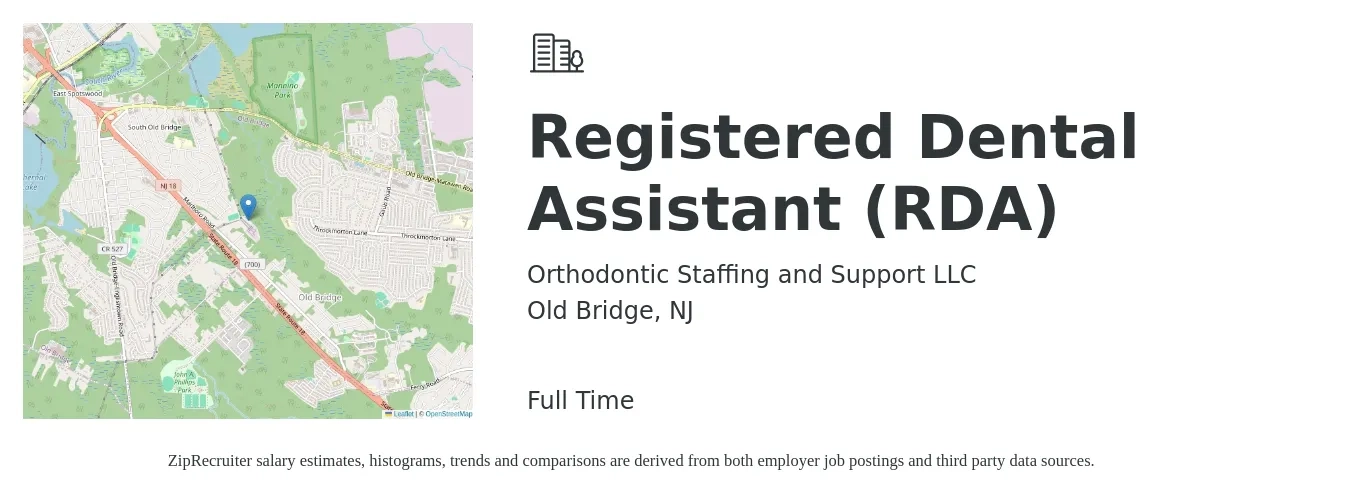Orthodontic Staffing and Support LLC job posting for a Registered Dental Assistant (RDA) in Old Bridge, NJ with a salary of $18 to $26 Hourly with a map of Old Bridge location.