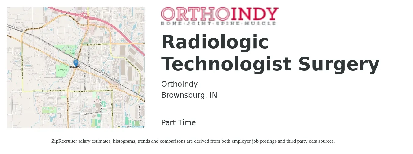 OrthoIndy job posting for a Radiologic Technologist Surgery in Brownsburg, IN with a salary of $1,140 to $2,360 Weekly with a map of Brownsburg location.