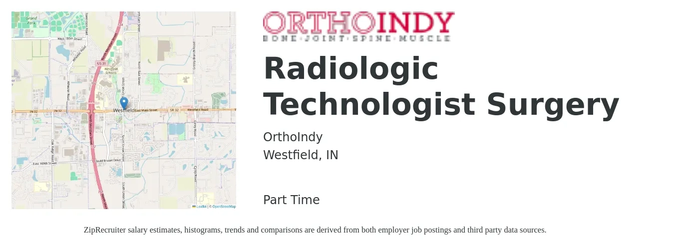 OrthoIndy job posting for a Radiologic Technologist Surgery in Westfield, IN with a salary of $1,150 to $2,390 Weekly with a map of Westfield location.