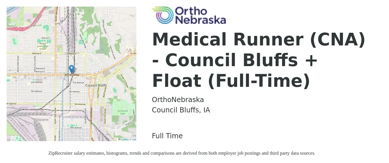 OrthoNebraska job posting for a Medical Runner (CNA) - Council Bluffs + Float (Full-Time) in Council Bluffs, IA with a salary of $14 to $20 Hourly with a map of Council Bluffs location.