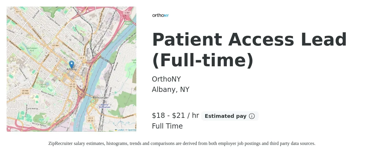OrthoNY job posting for a Patient Access Lead (Full-time) in Albany, NY with a salary of $19 to $22 Hourly with a map of Albany location.