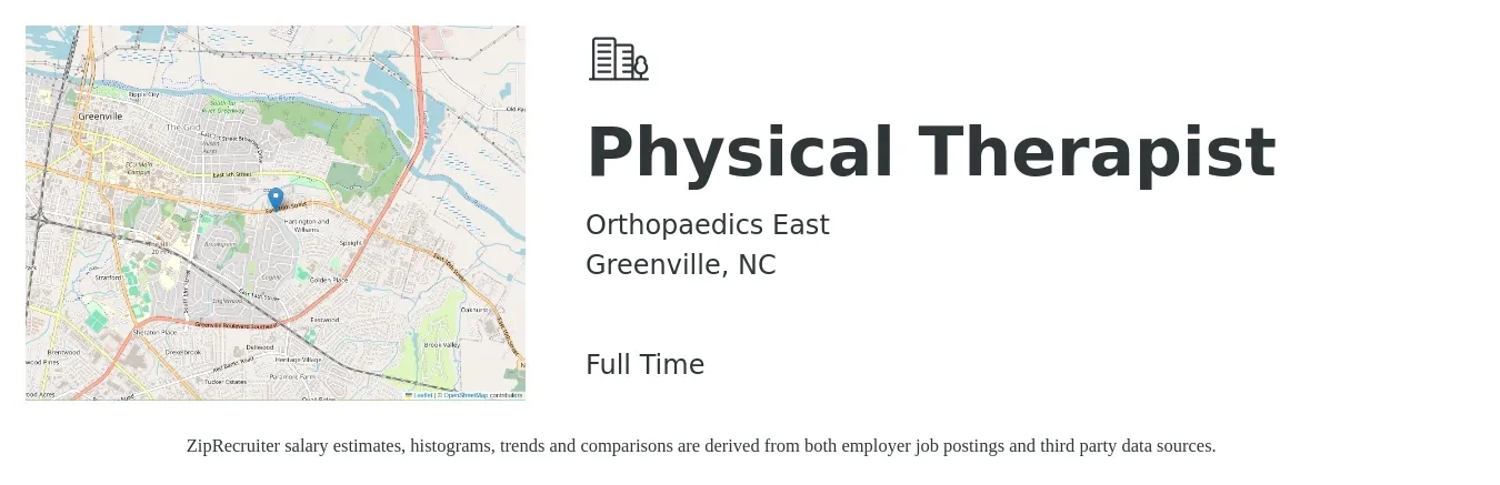 Orthopaedics East job posting for a Physical Therapist in Greenville, NC with a salary of $86,000 Yearly with a map of Greenville location.