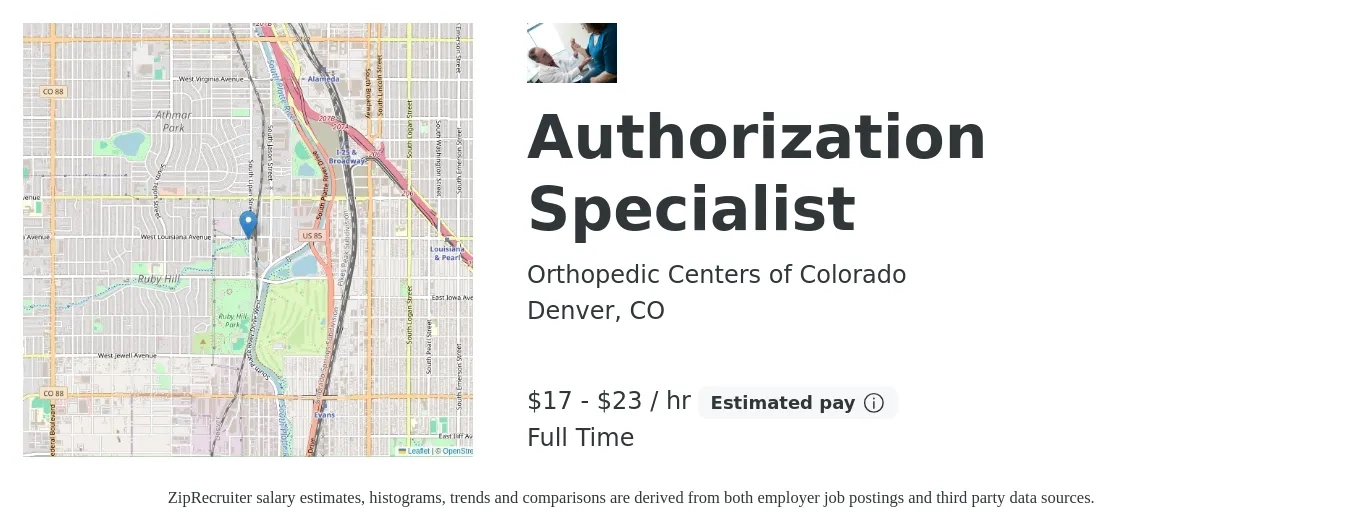 Orthopedic Centers of Colorado job posting for a Authorization Specialist in Denver, CO with a salary of $18 to $24 Hourly with a map of Denver location.