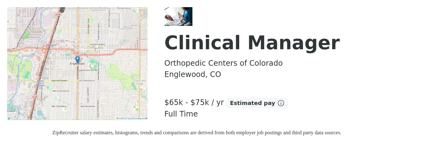 Orthopedic Centers of Colorado job posting for a Clinical Manager in Englewood, CO with a salary of $65,000 to $75,000 Yearly with a map of Englewood location.