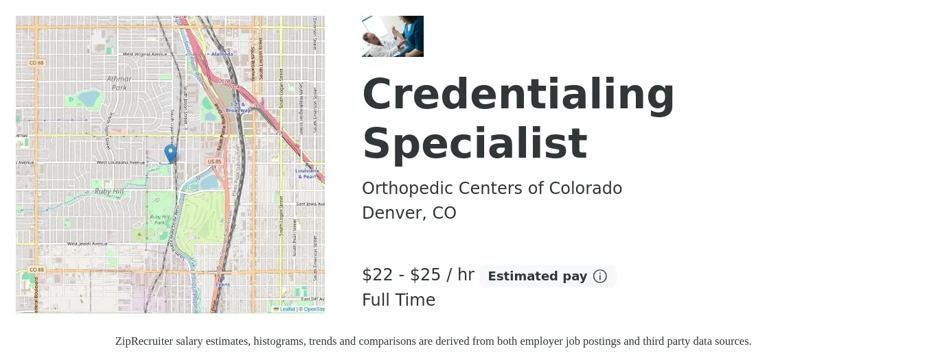 Orthopedic Centers of Colorado job posting for a Credentialing Specialist in Denver, CO with a salary of $23 to $26 Hourly with a map of Denver location.