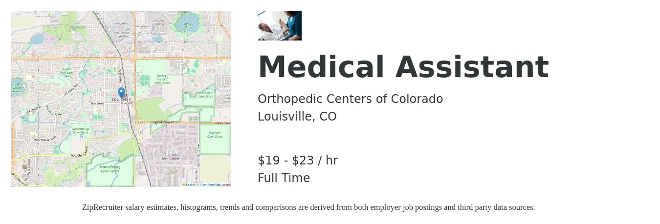 Orthopedic Centers of Colorado job posting for a Medical Assistant in Louisville, CO with a salary of $20 to $24 Hourly with a map of Louisville location.