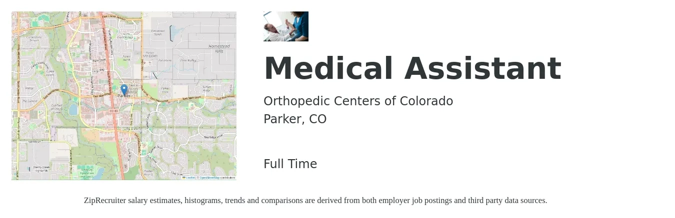 Orthopedic Centers of Colorado job posting for a Medical Assistant in Parker, CO with a salary of $23 to $25 Hourly with a map of Parker location.