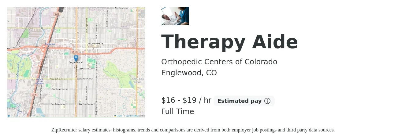 Orthopedic Centers of Colorado job posting for a Therapy Aide in Englewood, CO with a salary of $17 to $20 Hourly with a map of Englewood location.