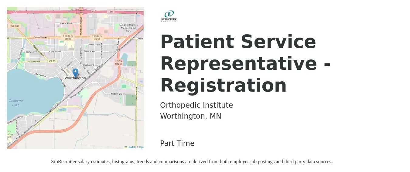 Orthopedic Institute job posting for a Patient Service Representative - Registration in Worthington, MN with a salary of $18 to $22 Hourly with a map of Worthington location.