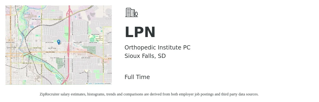 Orthopedic Institute PC job posting for a LPN in Sioux Falls, SD with a salary of $26 to $35 Hourly with a map of Sioux Falls location.