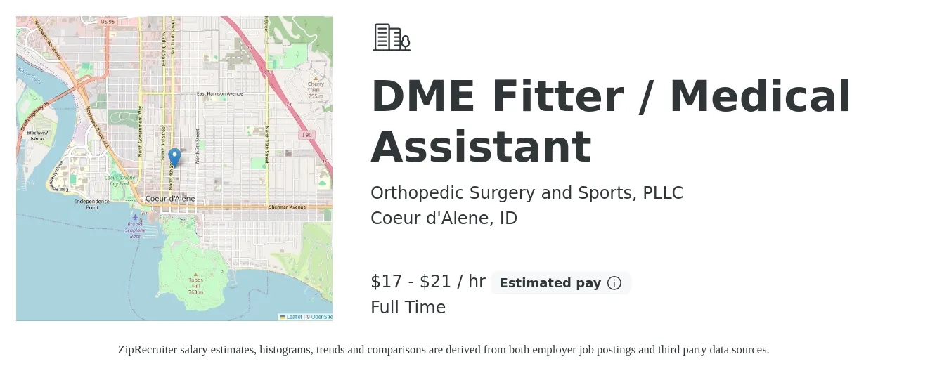 Orthopedic Surgery and Sports, PLLC job posting for a DME Fitter / Medical Assistant in Coeur d'Alene, ID with a salary of $18 to $22 Hourly with a map of Coeur d'Alene location.