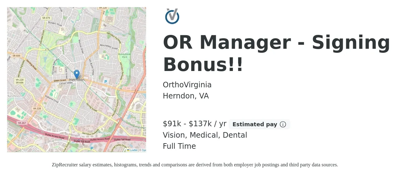 OrthoVirginia job posting for a OR Manager - Signing Bonus!! in Herndon, VA with a salary of $91,800 to $137,775 Yearly and benefits including medical, pto, retirement, vision, dental, and life_insurance with a map of Herndon location.