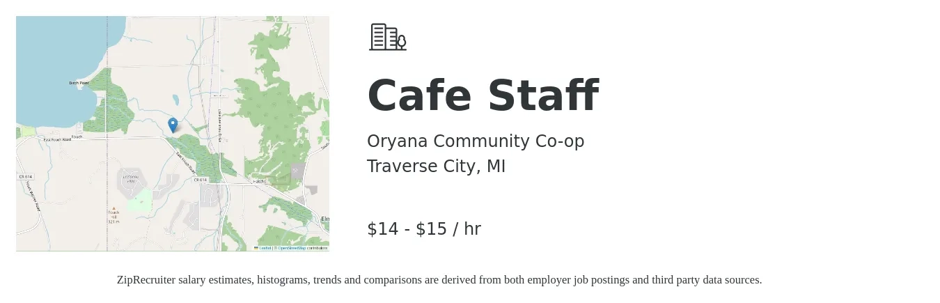 Oryana Community Co-op job posting for a Cafe Staff in Traverse City, MI with a salary of $15 to $16 Hourly with a map of Traverse City location.
