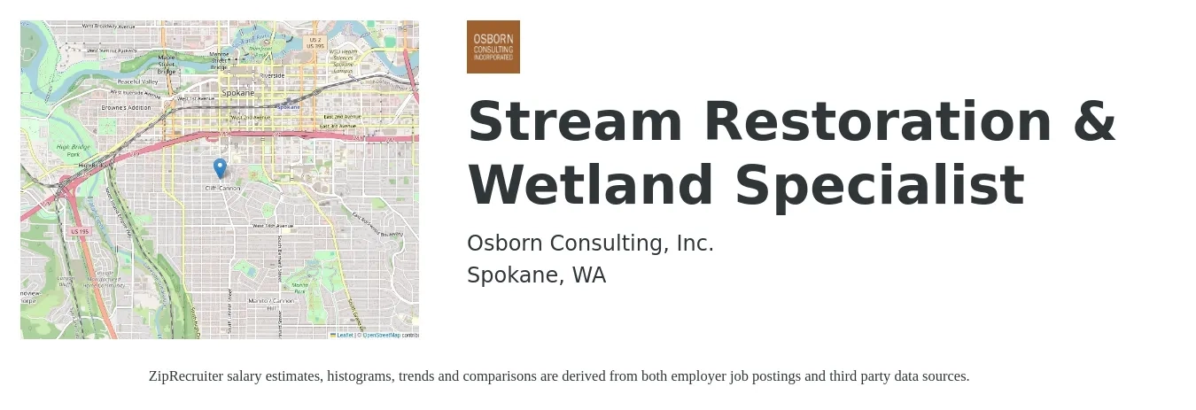 Osborn Consulting job posting for a Stream Restoration & Wetland Specialist in Spokane, WA with a salary of $60,000 to $90,000 Yearly with a map of Spokane location.