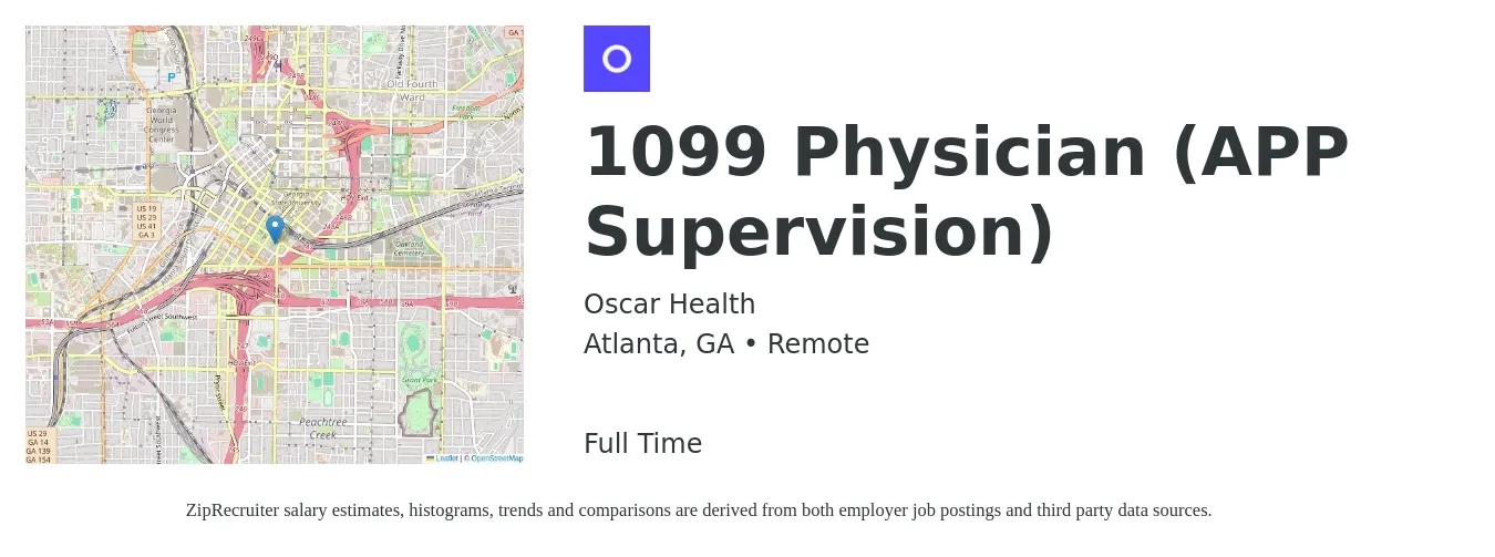 Oscar Health job posting for a 1099 Physician (APP Supervision) in Atlanta, GA with a salary of $2,000 Monthly with a map of Atlanta location.