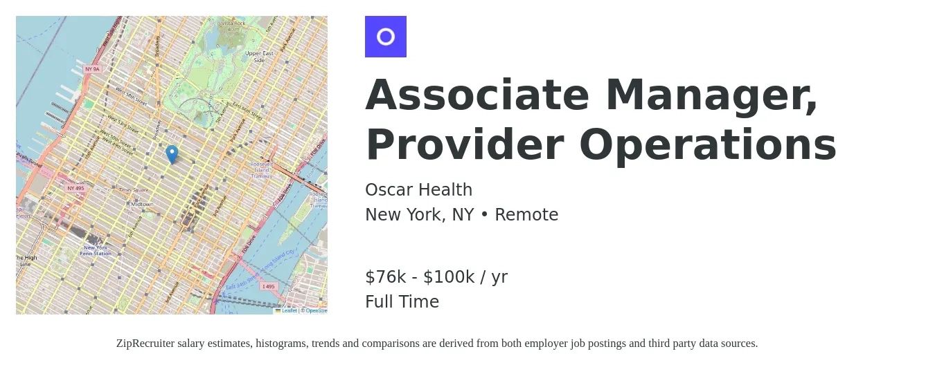Oscar Health job posting for a Associate Manager, Provider Operations in New York, NY with a salary of $76,320 to $100,170 Yearly with a map of New York location.
