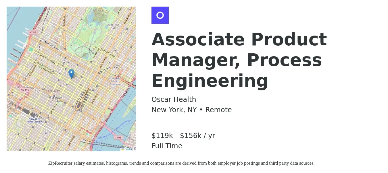 Oscar Health job posting for a Associate Product Manager, Process Engineering in New York, NY with a salary of $119,200 to $156,450 Yearly with a map of New York location.
