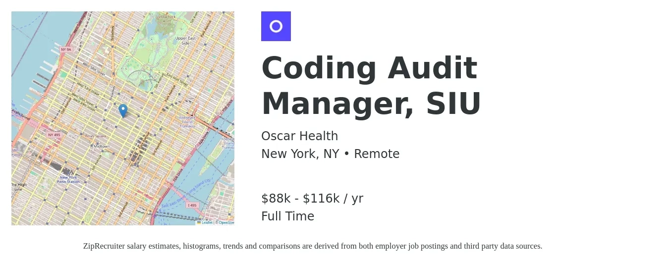 Oscar Health job posting for a Coding Audit Manager, SIU in New York, NY with a salary of $88,560 to $116,235 Yearly with a map of New York location.