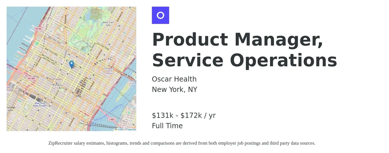 Oscar Health job posting for a Product Manager, Service Operations in New York, NY with a salary of $131,200 to $172,200 Yearly with a map of New York location.