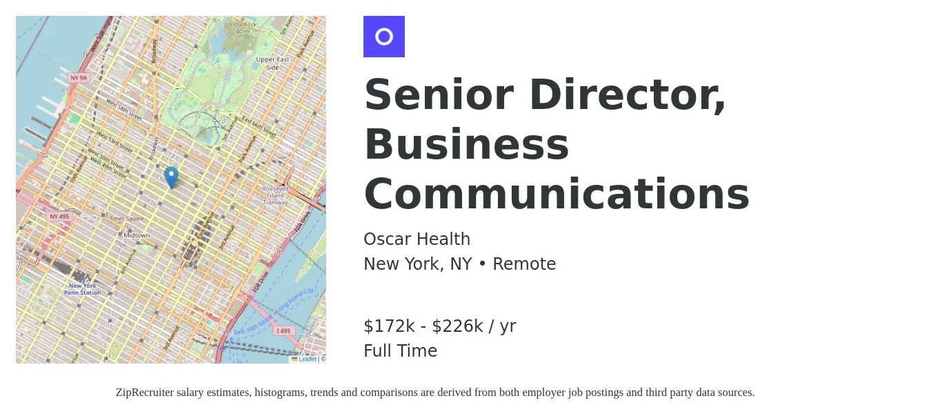Oscar Health job posting for a Senior Director, Business Communications in New York, NY with a salary of $172,800 to $226,800 Yearly with a map of New York location.