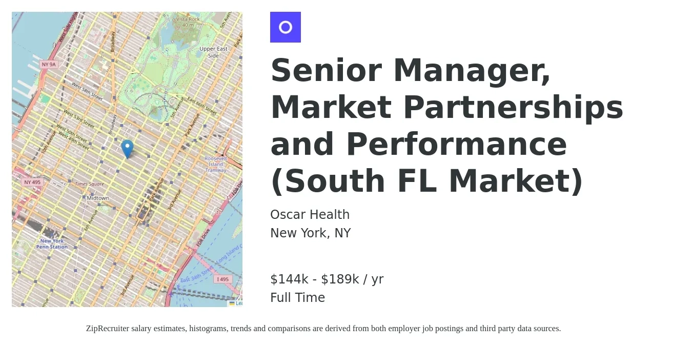 Oscar Health job posting for a Senior Manager, Market Partnerships and Performance (South FL Market) in New York, NY with a salary of $144,000 to $189,000 Yearly with a map of New York location.