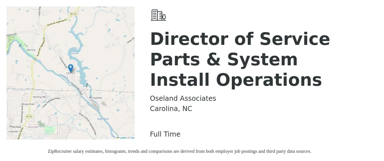 Oseland Associates job posting for a Director of Service Parts & System Install Operations in Carolina, NC with a salary of $67,100 to $120,500 Yearly with a map of Carolina location.