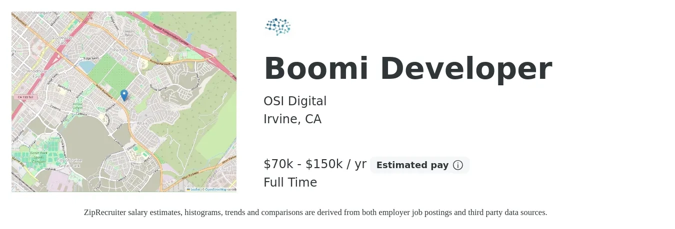 OSI Digital job posting for a Boomi Developer in Irvine, CA with a salary of $70,000 to $120,000 Yearly with a map of Irvine location.