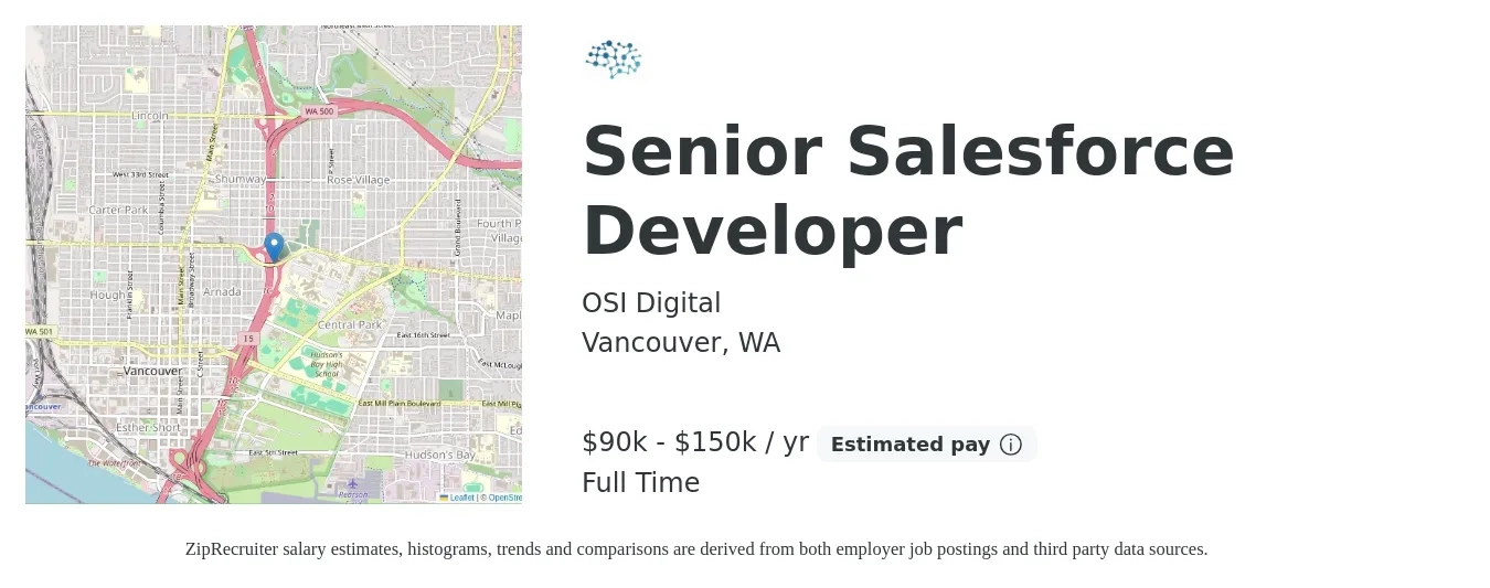 OSI Digital job posting for a Senior Salesforce Developer in Vancouver, WA with a salary of $90,000 to $150,000 Yearly with a map of Vancouver location.