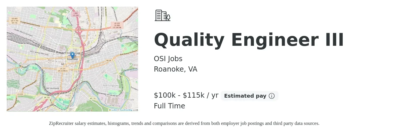 OSI Jobs job posting for a Quality Engineer III in Roanoke, VA with a salary of $100,000 to $115,000 Yearly with a map of Roanoke location.