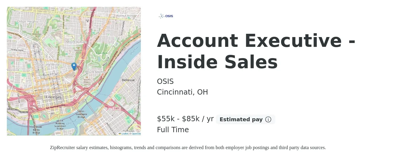 OSIS job posting for a Account Executive - Inside Sales in Cincinnati, OH with a salary of $55,000 to $85,000 Yearly with a map of Cincinnati location.