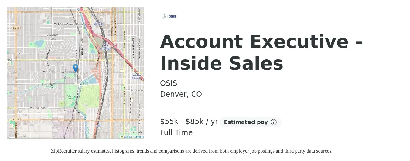 OSIS job posting for a Account Executive - Inside Sales in Denver, CO with a salary of $55,000 to $85,000 Yearly with a map of Denver location.