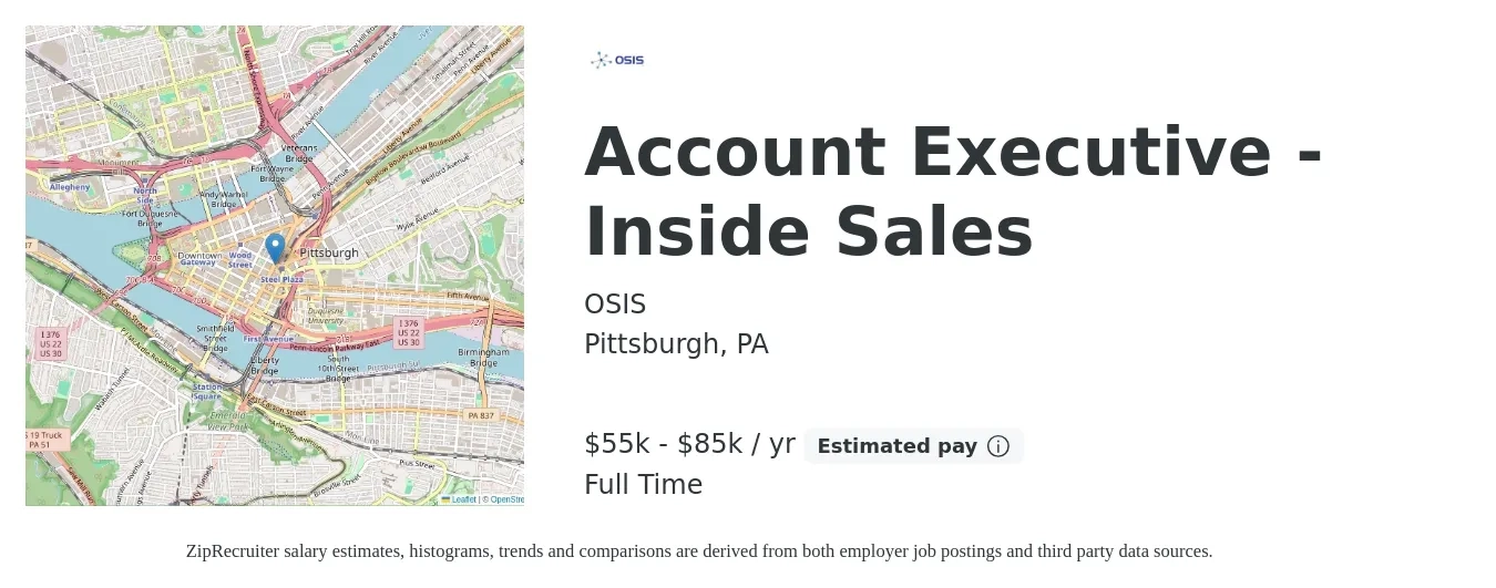 OSIS job posting for a Account Executive - Inside Sales in Pittsburgh, PA with a salary of $55,000 to $85,000 Yearly with a map of Pittsburgh location.