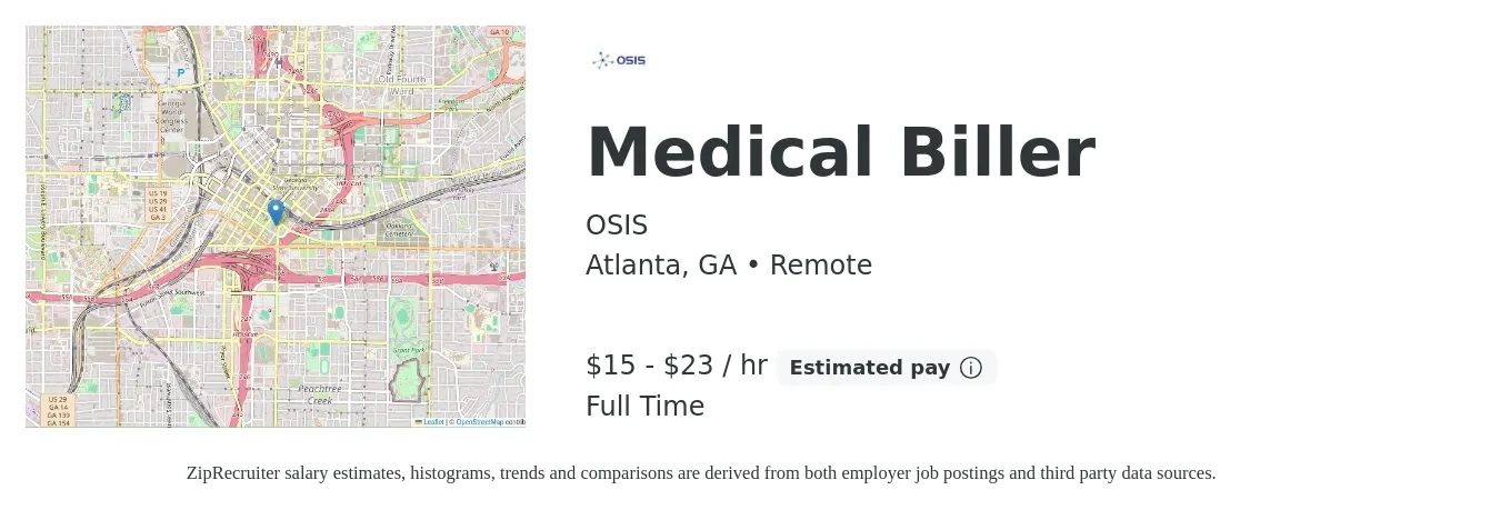 OSIS job posting for a Medical Biller in Atlanta, GA with a salary of $16 to $24 Hourly with a map of Atlanta location.