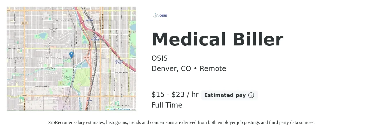 OSIS job posting for a Medical Biller in Denver, CO with a salary of $16 to $24 Hourly with a map of Denver location.