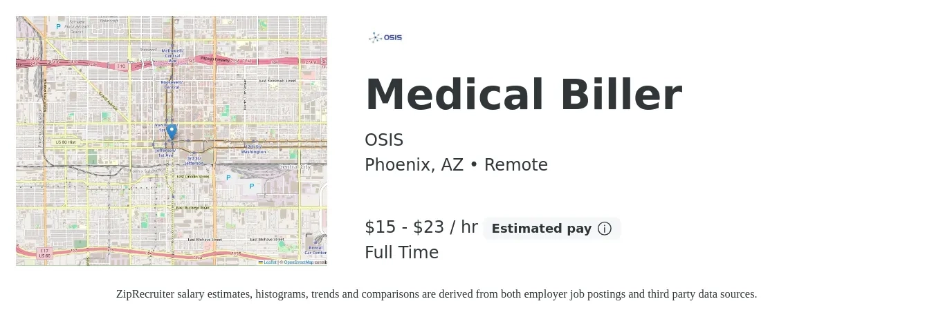 OSIS job posting for a Medical Biller in Phoenix, AZ with a salary of $16 to $24 Hourly with a map of Phoenix location.