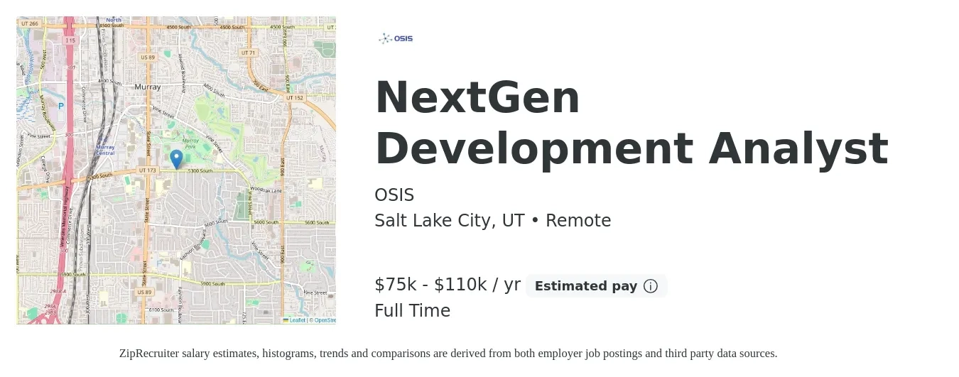 OSIS job posting for a NextGen Development Analyst in Salt Lake City, UT with a salary of $75,000 to $110,000 Yearly with a map of Salt Lake City location.