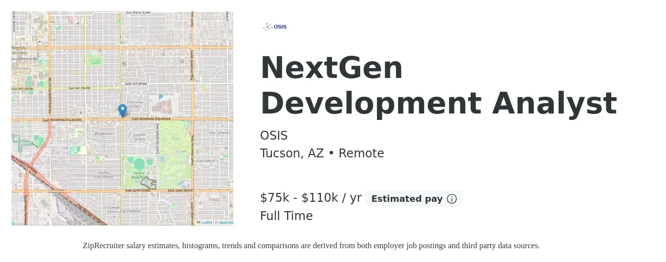 OSIS job posting for a NextGen Development Analyst in Tucson, AZ with a salary of $75,000 to $110,000 Yearly with a map of Tucson location.
