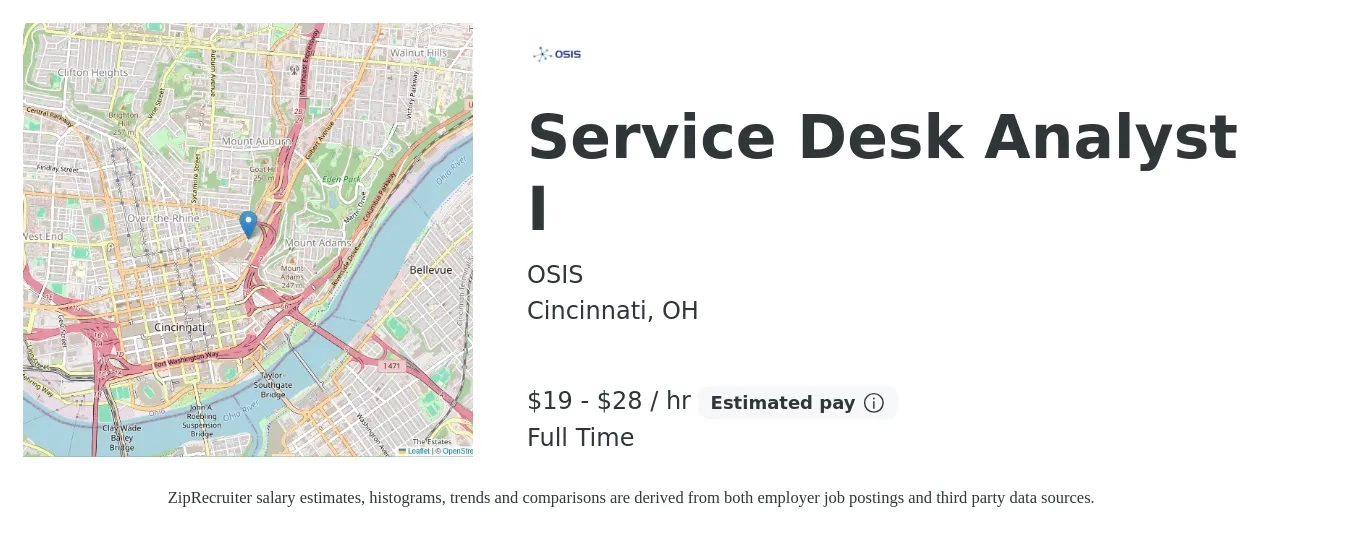 OSIS job posting for a Service Desk Analyst I in Cincinnati, OH with a salary of $20 to $30 Hourly with a map of Cincinnati location.