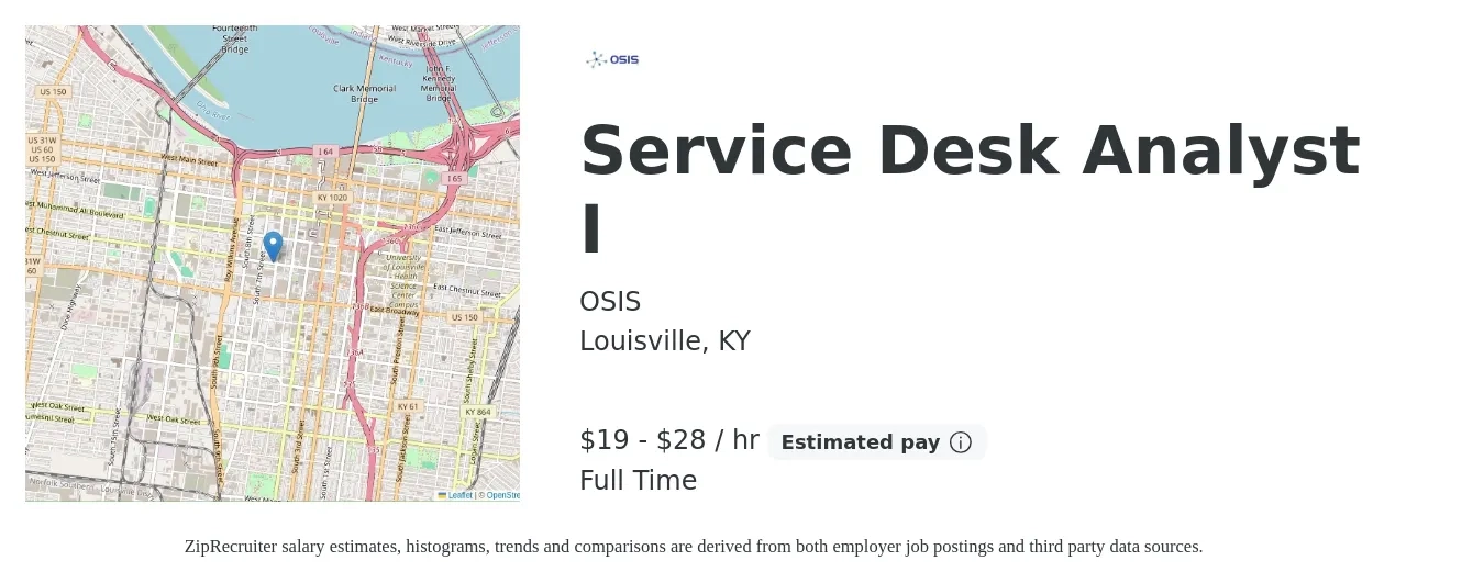 OSIS job posting for a Service Desk Analyst I in Louisville, KY with a salary of $20 to $30 Hourly with a map of Louisville location.
