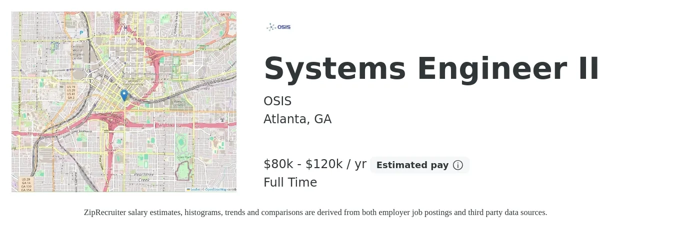 OSIS job posting for a Systems Engineer II in Atlanta, GA with a salary of $80,000 to $120,000 Yearly with a map of Atlanta location.