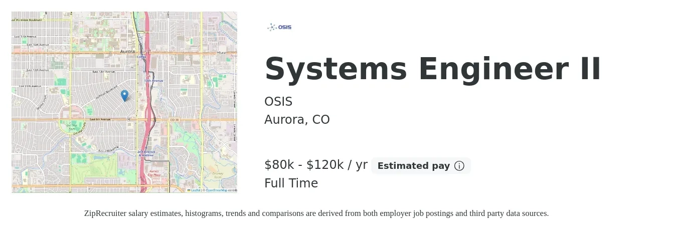 OSIS job posting for a Systems Engineer II in Aurora, CO with a salary of $80,000 to $120,000 Yearly with a map of Aurora location.