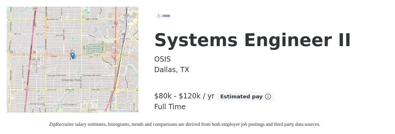 OSIS job posting for a Systems Engineer II in Dallas, TX with a salary of $80,000 to $120,000 Yearly with a map of Dallas location.
