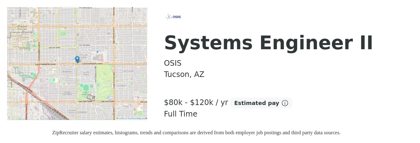 OSIS job posting for a Systems Engineer II in Tucson, AZ with a salary of $80,000 to $120,000 Yearly with a map of Tucson location.