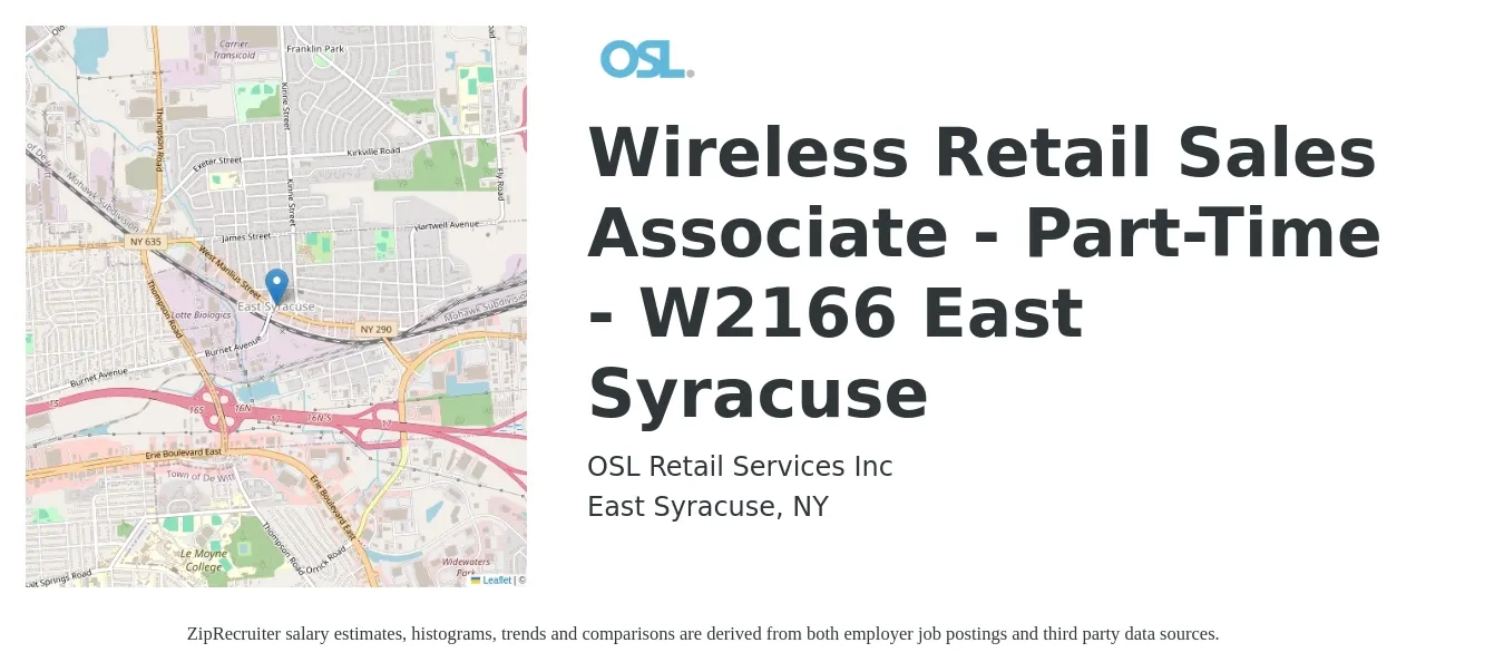 OSL Retail Services Inc job posting for a Wireless Retail Sales Associate - Part-Time - W2166 East Syracuse in East Syracuse, NY with a salary of $14 to $24 Hourly with a map of East Syracuse location.