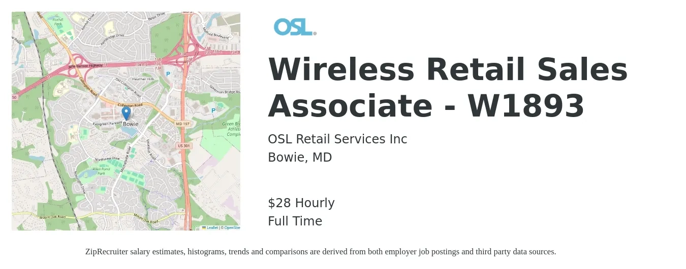 OSL Retail Services Inc job posting for a Wireless Retail Sales Associate - W1893 in Bowie, MD with a salary of $30 Hourly with a map of Bowie location.