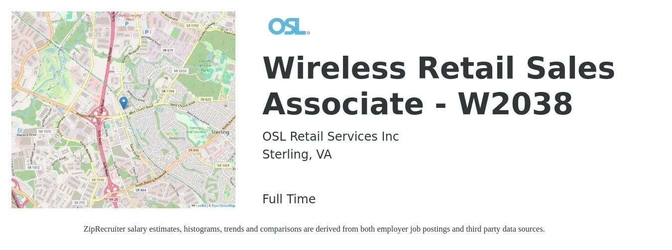 OSL Retail Services Inc job posting for a Wireless Retail Sales Associate - W2038 in Sterling, VA with a salary of $15 to $18 Hourly with a map of Sterling location.