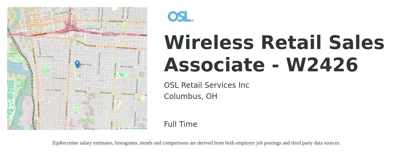 OSL Retail Services Inc job posting for a Wireless Retail Sales Associate - W2426 in Columbus, OH with a salary of $14 to $17 Hourly with a map of Columbus location.