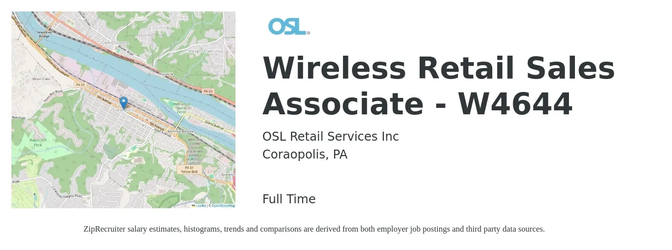 OSL Retail Services Inc job posting for a Wireless Retail Sales Associate - W4644 in Coraopolis, PA with a salary of $14 to $16 Hourly with a map of Coraopolis location.